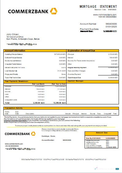 Download Belize Commerzbank bank mortgage statement scr Photoshop template